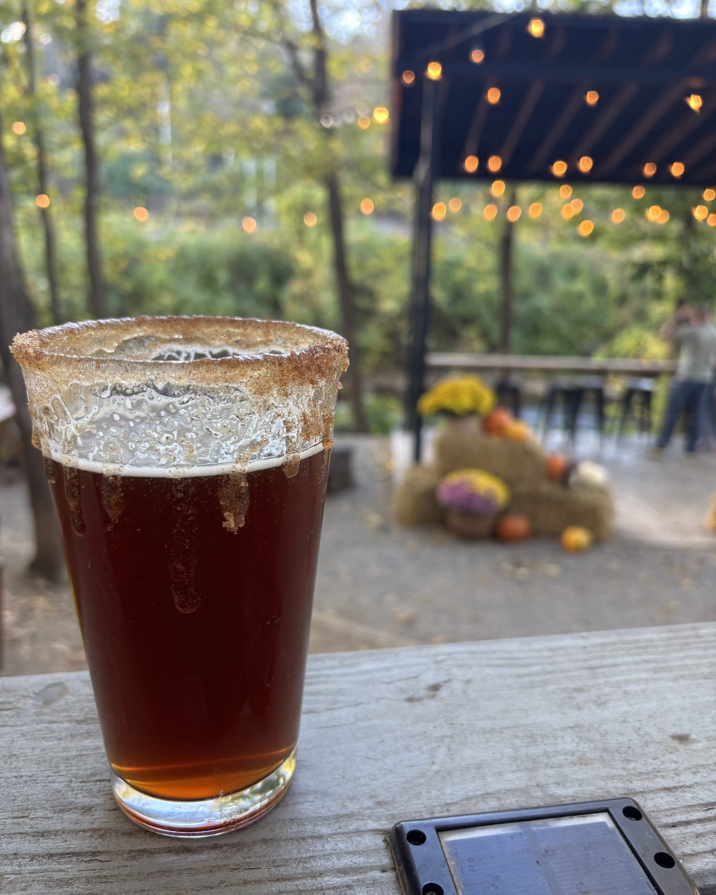 A cinnamon-rimmed fall ale on the patio at Frog Level Brewing near Maggie Valley NC